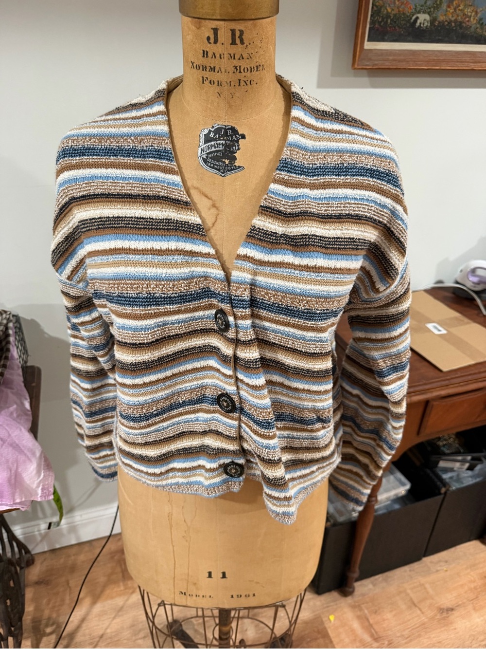 Barbour Striped V-Neck Button Cardigan in Blue, Brown & Cream